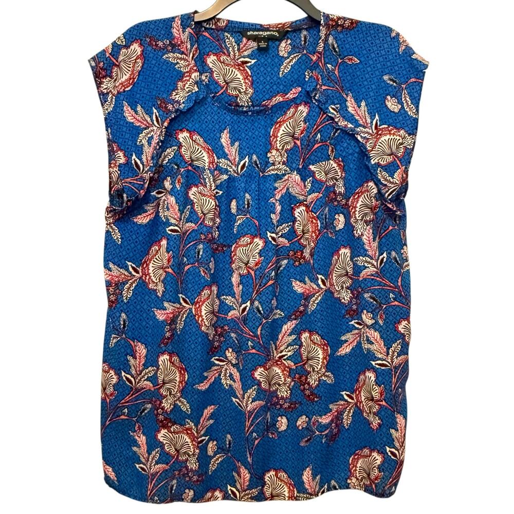 Sharagano Cap Sleeve Top Blue Floral Ruffle Detail Large